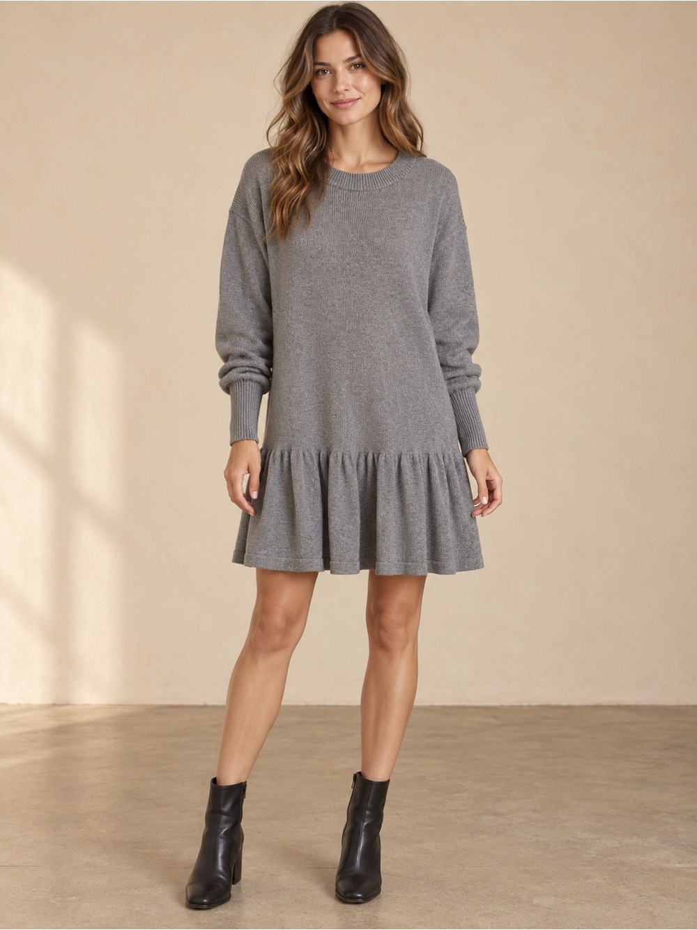 NWT Free People Gray Knit Drop Waist Ruffle Hem Sweater Dress